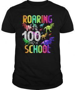 Dinosaur T Rex Roaring Into 100 Days Of School Funny Shirt