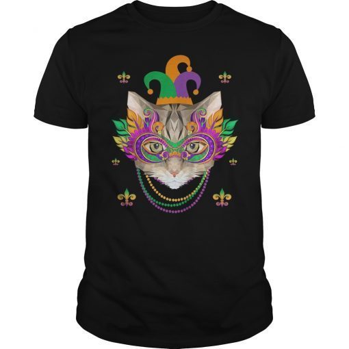 Cat Mardi Gras Shirt Funny Cat Mask and Beads Mardi Gras 2019