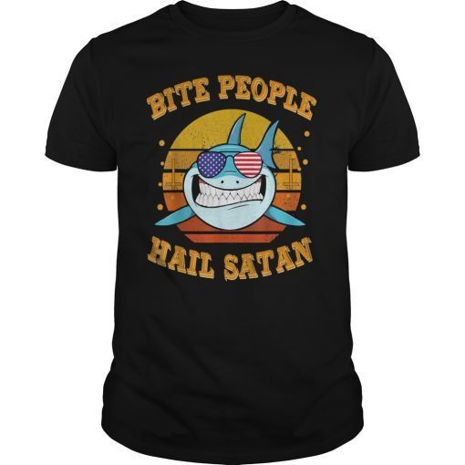 Bite People Hail Satan Shark Retro Vintage Tee Shirt