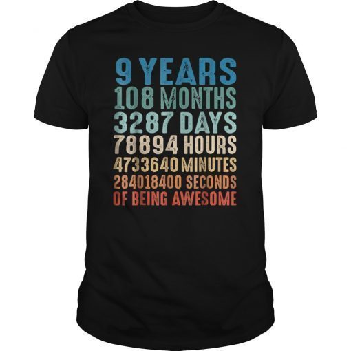 9 Years Old 9th Birthday Vintage Retro T Shirt 108 Months