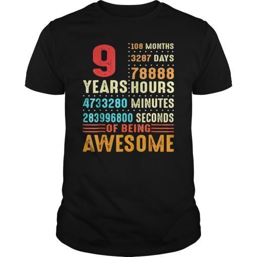 9 Years Old 9th Birthday Vintage Retro Tee Shirt 108 Months