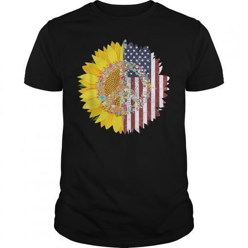 4th of July Gift Sunflower American Flag Peace Sign T-shirt