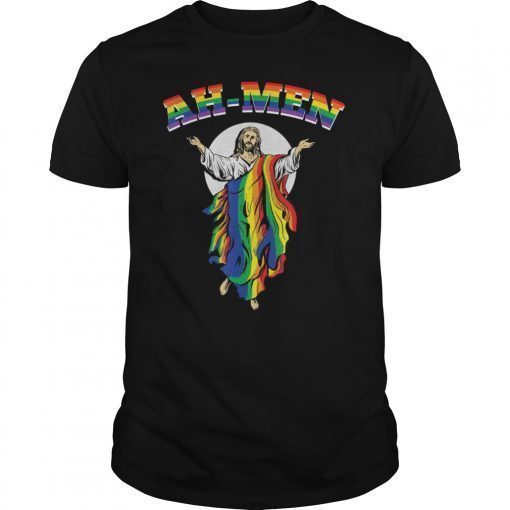 Ah-Men Rainbow Jesus Funny LGBT Gay Pride Month Joke Humor T-Shirt