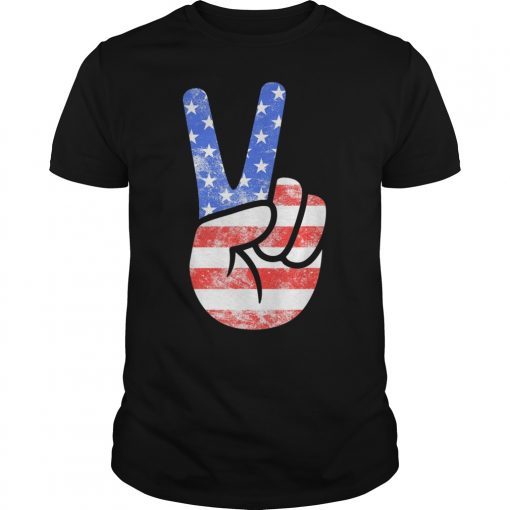 American Flag Peace Sign Hand Shirt Fourth of July Gift Tee