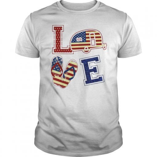 LOVE Camper Van Flip Flops USA Flag 4th of July Shirt