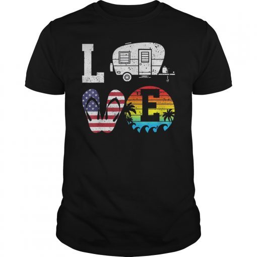 Love Camping USA Flag 4th of July Flip Flop Camper Sunset T-Shirt