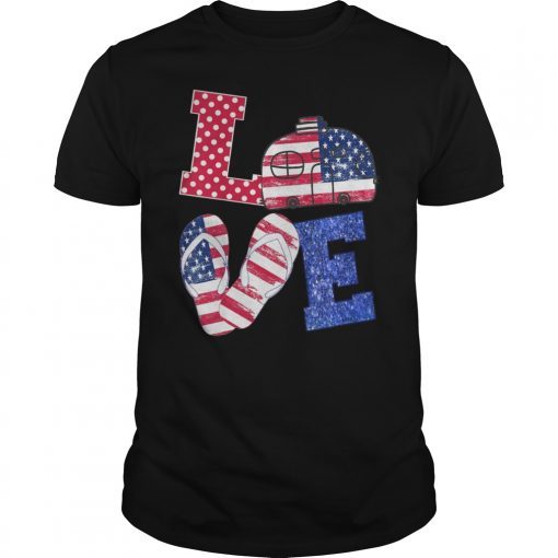 Love Camping USA Flag 4th of July Flip Flop Camper USA Flag Tee Shirt