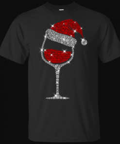 Christmas Wine Glass Red Santa Hat Diamond Glitter T-Shirt