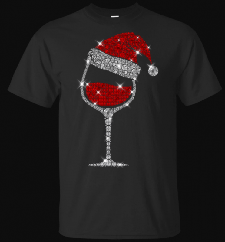 Christmas Wine Glass Red Santa Hat Diamond Glitter T-Shirt