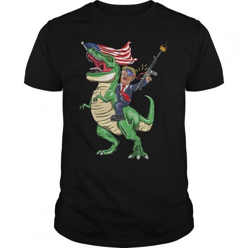 Machine Gun Trump On T Rex Dinosaur With American Flag Shirt