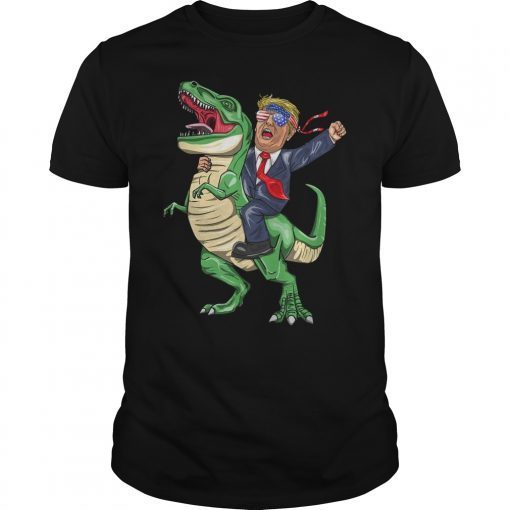 Trump With American Flag Glasses Headband On T Rex Dinosaur T-Shirt