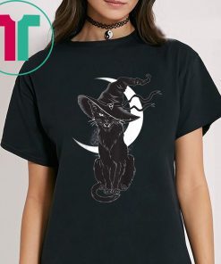 Scary Halloween Black Cat Costume Witch Hat & Moon Vintage Shirt