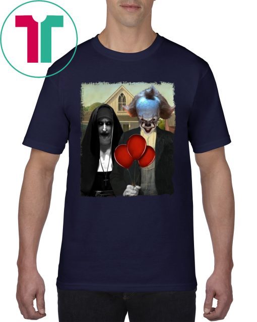 HALLOWEEN IT PENNYWISE AND VALAK THE NUN AMERICAN GOTHIC TEE SHIRT