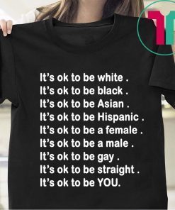 It’s ok to be white, black, Asian, Hispanic, a female, a male, gay, straight, YOU T-Shirts