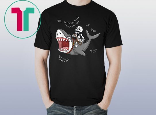 Halloween Skeleton Riding Shark Funny Tee Shirt