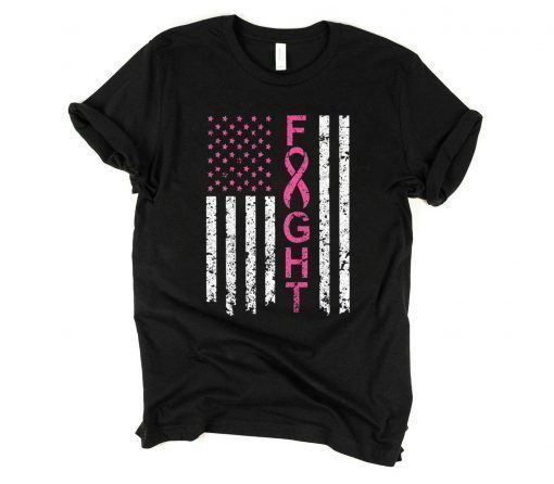 Breast Cancer Awareness Tee Shirt American Flag Distressed