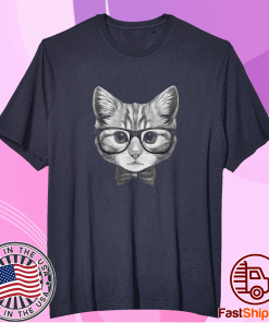 Cute Smart Cat Wearing Glasses Bow Tie Animal Lover Tee Shirt