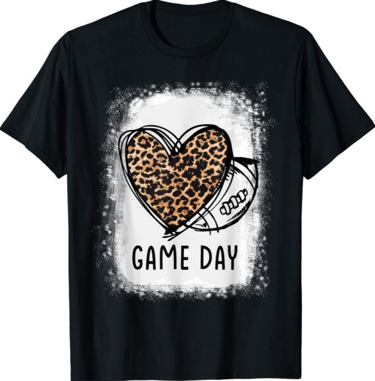 Game Day With Leopard Heart Football Lovers Mom Bleached Funny TShirt