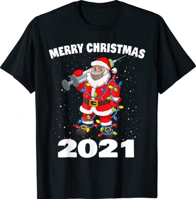 Merry Christmas Vaccinated Santa In Mask Tree Lights 2021 TShirt