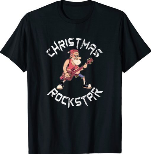 Funny Christmas Rockstar Santa Plays The Guitar Xmas Tee Shirt