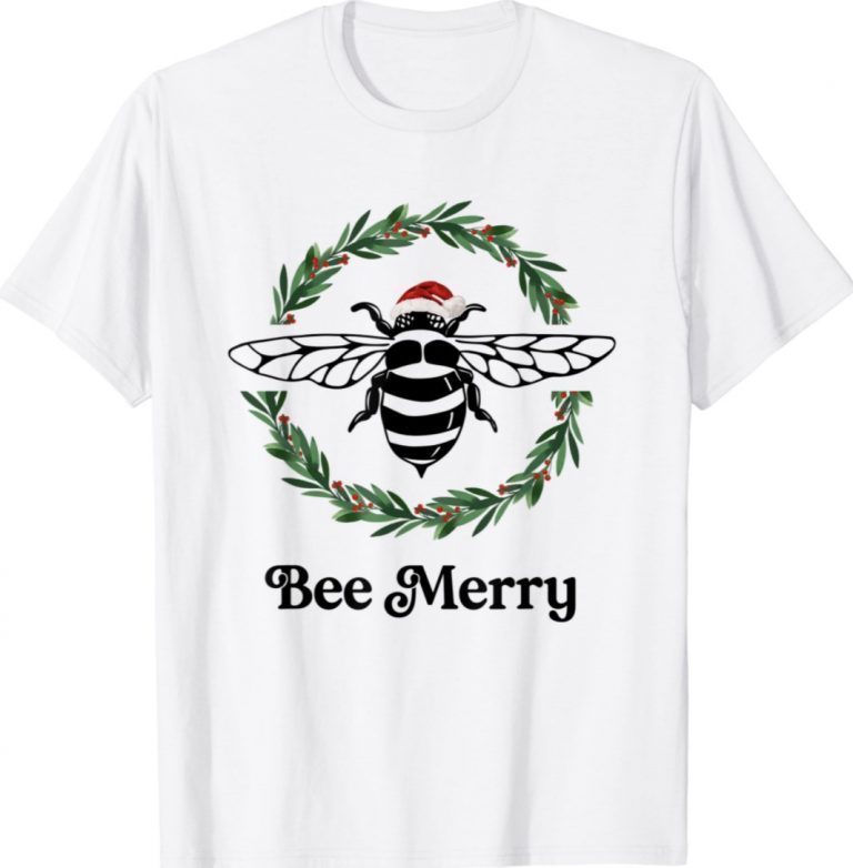 Bee Merry Christmas Wreath Bee Xmas Santa Bumble Bee Tee Shirt