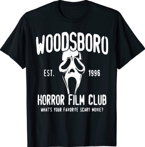 Woodsboro Horror Character Wearing Mask Film Club Est 1996 Tee Shirt