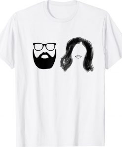 Man with beard and glasses with woman wavy hair tee shirt