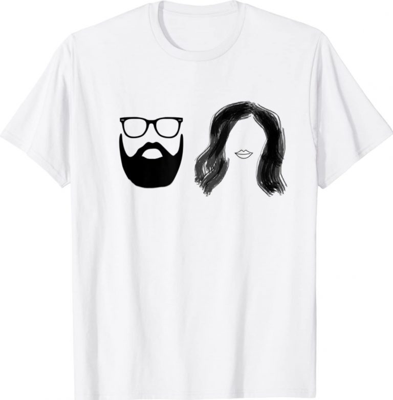 Man with beard and glasses with woman wavy hair tee shirt