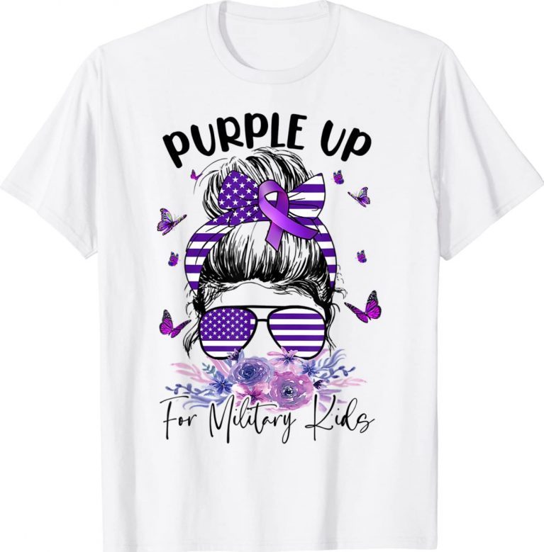 Purple Up For Military Kids Child Month Messy Bun Floral Vintage T-Shirt