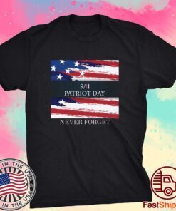 Never Forget with an image of a distressed American flag T-shirt