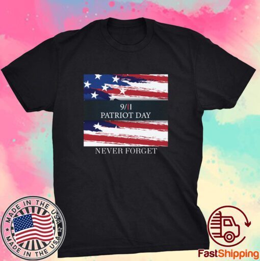 Never Forget with an image of a distressed American flag T-shirt