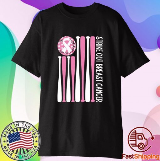 Strike Out Breast Cancer Baseball Pink American Flag Shirt