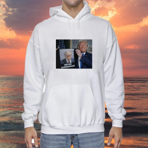 Trump Shows Off Trump Mugshot Never Surrender Hooded T-Shirt