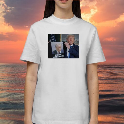 Donald Trump Shows Off Trump Mugshot Never Surrender Hooded T-Shirt