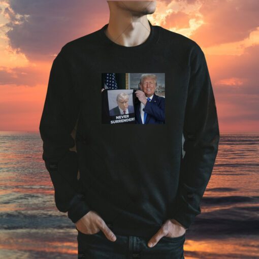 Donald Trump Shows Off Trump Mugshot Never Surrender Hooded T-Shirt