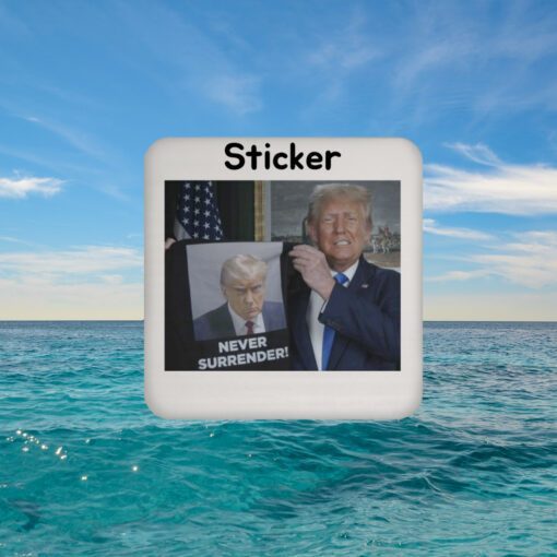 Donald Trump Shows Off Trump Mugshot Never Surrender Sticker