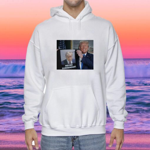 Trump 2024 Shows Off Trump Mugshot Never Surrender Sweatshirts