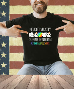 For an "Autism Embrace Neurodiversity Celebrate the Spectrum Cat" T-shirt, you'll want a design that promotes acceptance, celebrates diversity, and incorporates the imagery of a cat to make it visually appealing. Here's a design concept: Front of the T-shirt: Graphic: An artistic illustration of a colorful spectrum with a silhouette of a cat sitting at the center. The spectrum represents the diversity of the autism spectrum, with vibrant colors blending together. The cat could be depicted in a loving or playful pose, perhaps surrounded by symbols of neurodiversity such as puzzle pieces or infinity loops. Text: "Autism Embrace Neurodiversity Celebrate the Spectrum" written in a bold and inclusive font, either integrated into the design or placed strategically around it. Back of the T-shirt: Optionally, you could include additional elements such as inspirational quotes about autism acceptance or small illustrations related to neurodiversity. Color scheme: Use a rainbow of colors for the spectrum to represent the diversity of the autism spectrum, with the cat depicted in complementary colors to stand out against the background. Material and Quality: Opt for high-quality fabric to ensure comfort and durability, especially for a T-shirt intended to raise awareness and promote acceptance. This design aims to convey a positive message of acceptance and celebration of neurodiversity while incorporating the playful and endearing imagery of a cat. Feel free to adjust the design according to your preferences or specific themes associated with autism and neurodiversity that you'd like to emphasize.