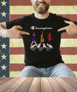 Champions LeBron James Kobe Bryant Michael Jordan walking road signatures T-shirt