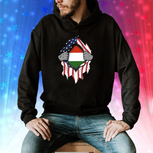 Hungarian American Flags Hands Ripping Flag on Chest Hoodie