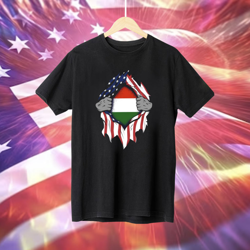 Hungarian American Flags Hands Ripping Flag on Chest Shirt