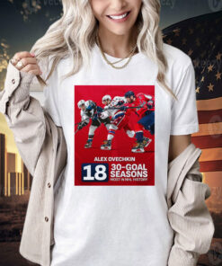 Official Alex Ovechkin Of Washington Capitals NHL Became The First Player Had At Least 30 Goals In 18 Seasons NHL T-shirt