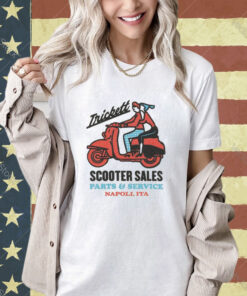 Official Man And Girl In Vespa Trickett Scooter Sales Parts And Service Napoli Ita Logo T-shirt