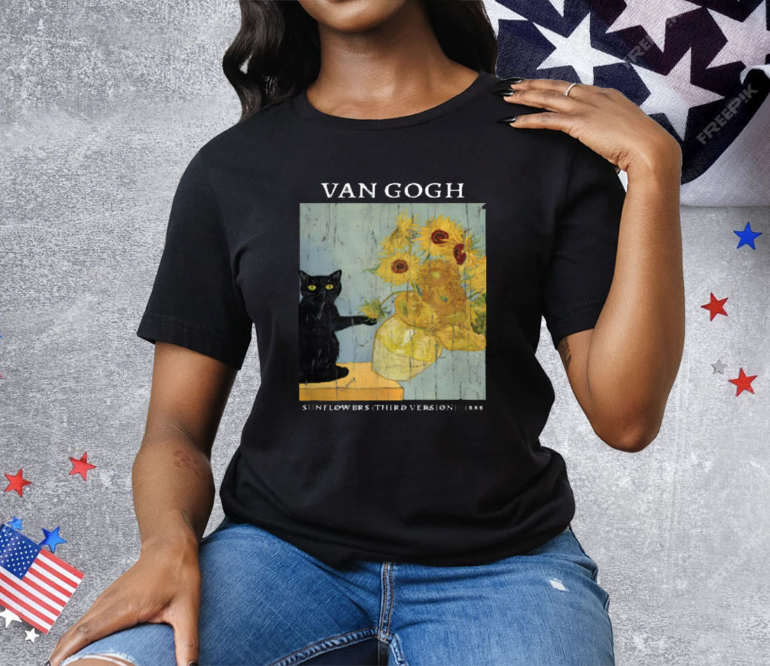Black Cat Van Gogh Sunflowers Tee Shirt